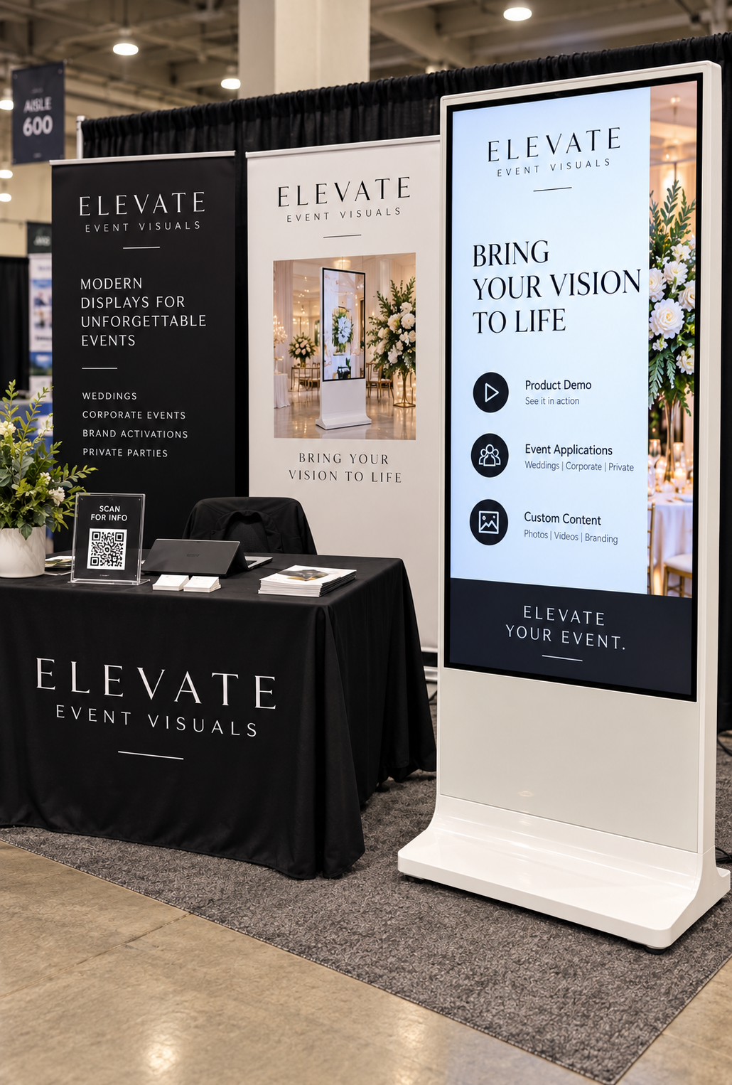 Concept render of an Elevate Event Visuals-branded display and booth at a trade show, screen showing a product demo and event applications menu