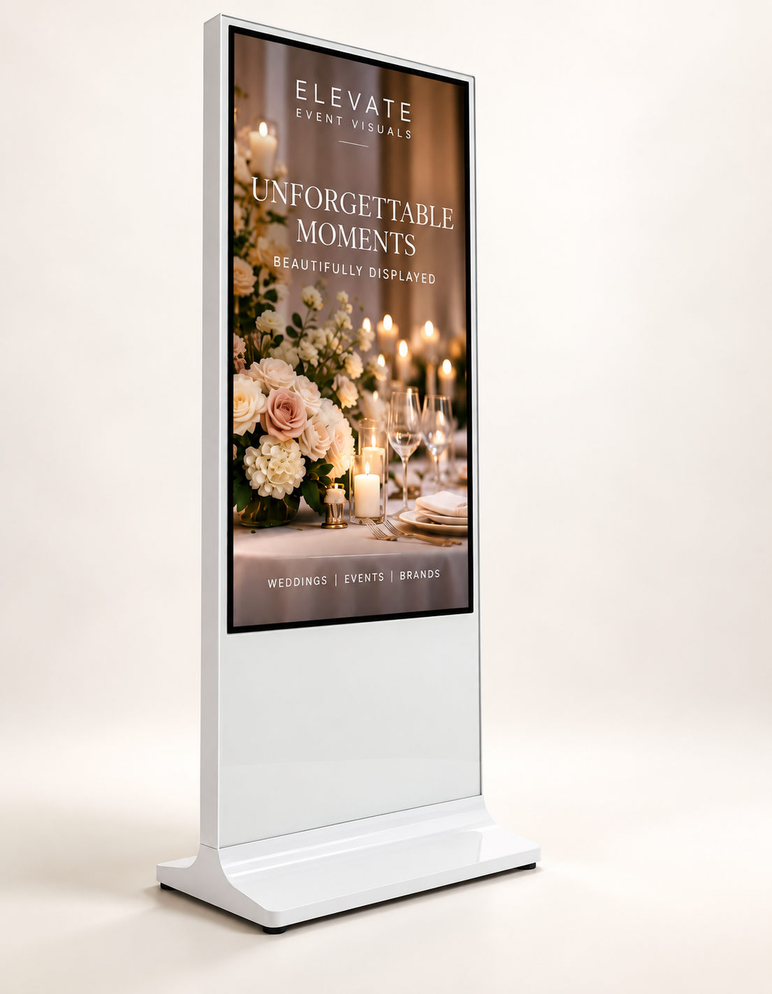 Product shot of the tall white 65 inch vertical display on a clean background