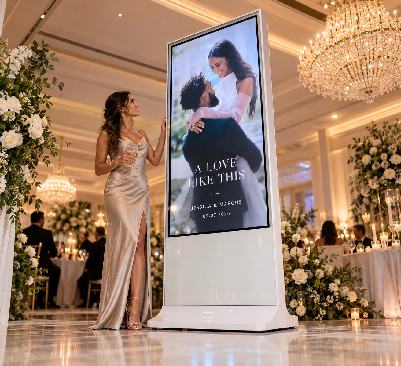 A wedding guest in an evening gown standing beside a tall 65 inch white vertical display, showing the true scale of the display