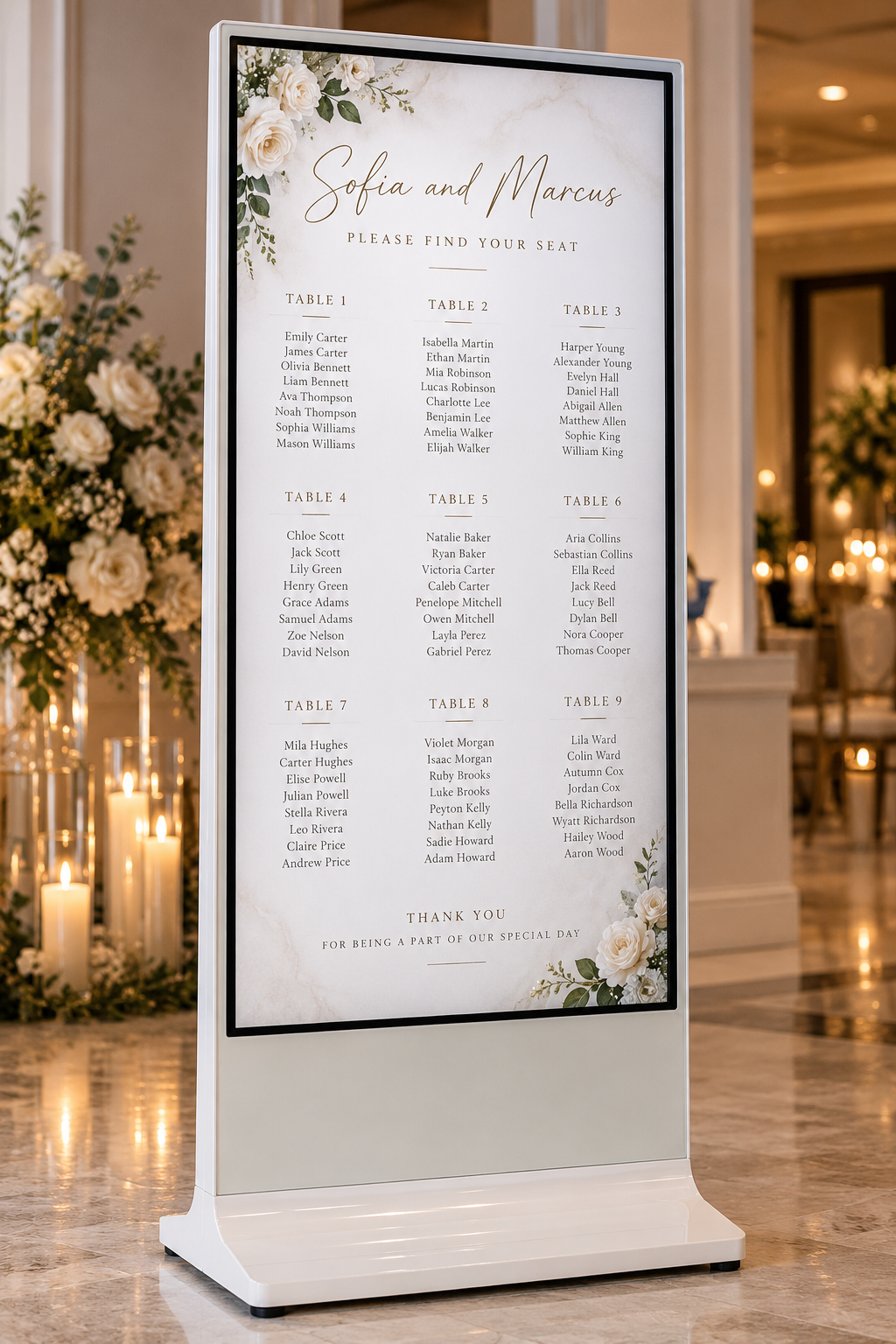 Close-up of the display showing an elegant wedding seating chart