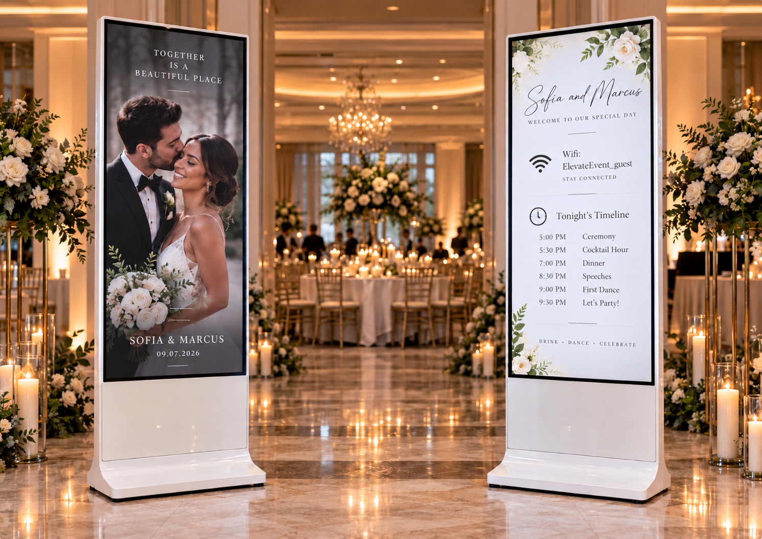 Two tall white vertical displays flanking a wedding reception aisle, one showing a couple's photo, the other showing wifi and tonight's timeline